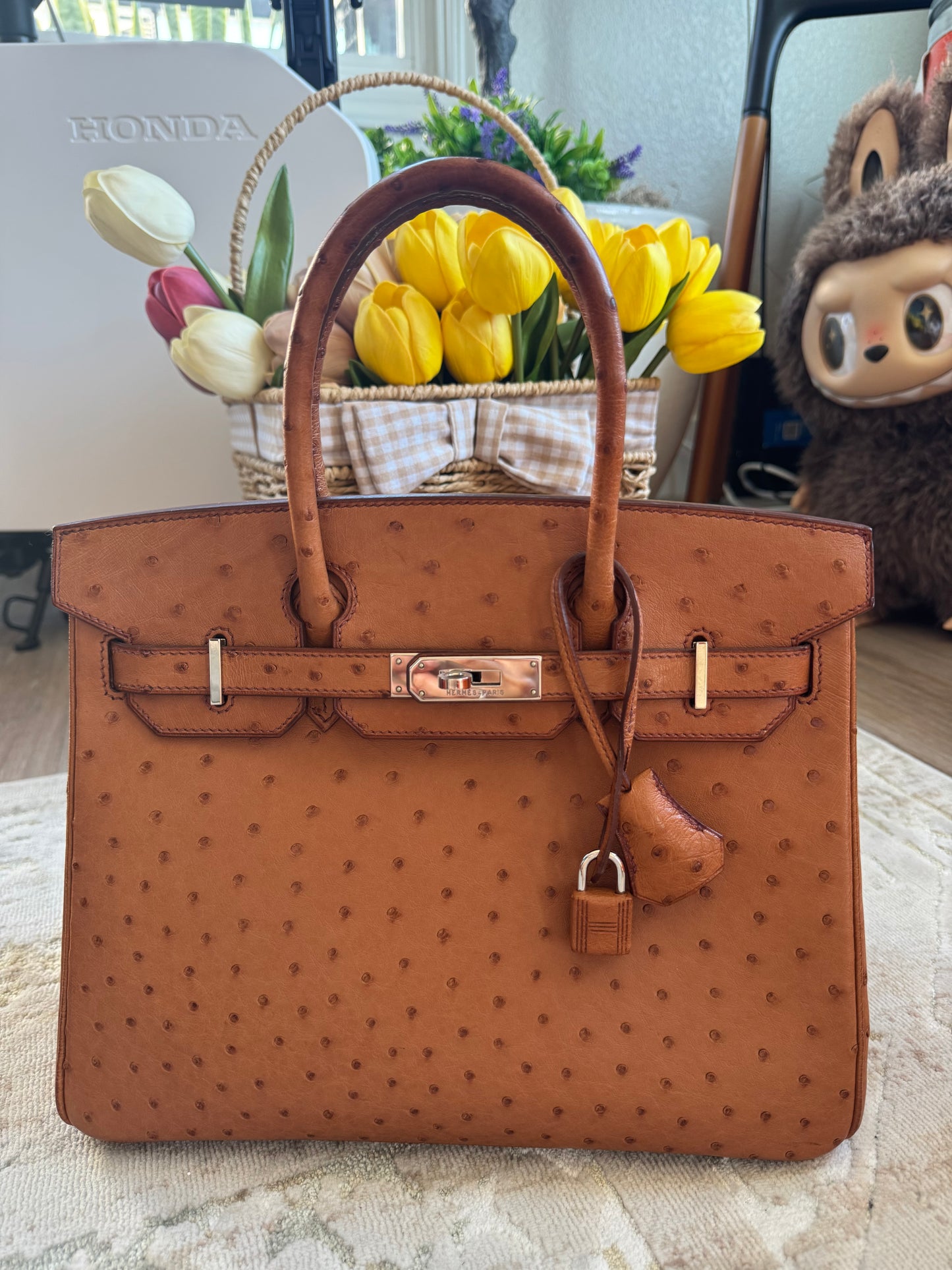 HERMES BIRKIN 30 OSTRICH COGNAC PALLADIUM HARDWARE
