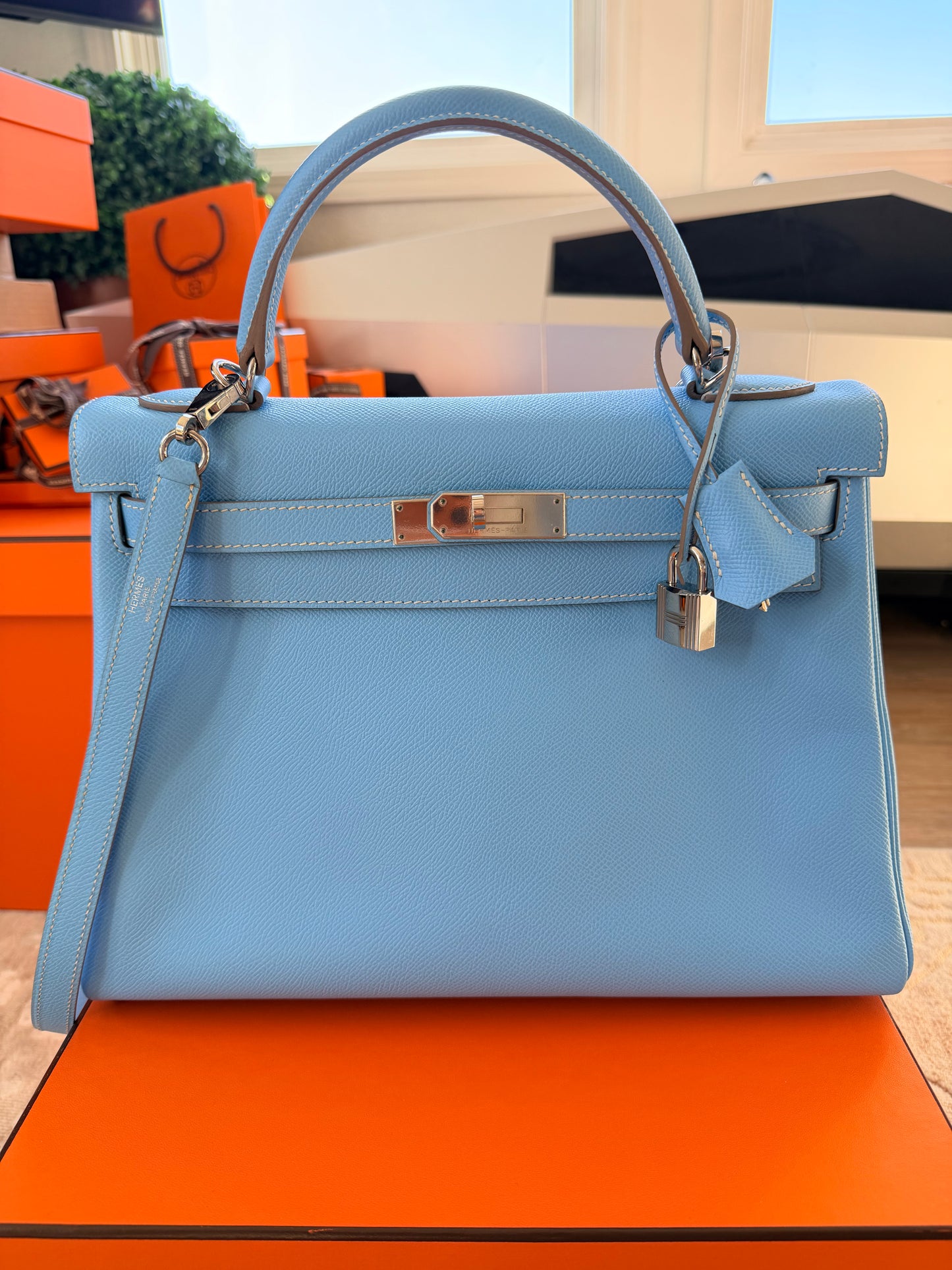HERMES KELLY RETOURNE 32 CELESTE EPSOM PALLADIUM HARDWARE