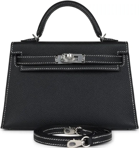 HERMÈS - KELLY HSS MINI 20 SELLIER BLACK EPSOM WHITE STITCHING PALLADIUM HARDWARE