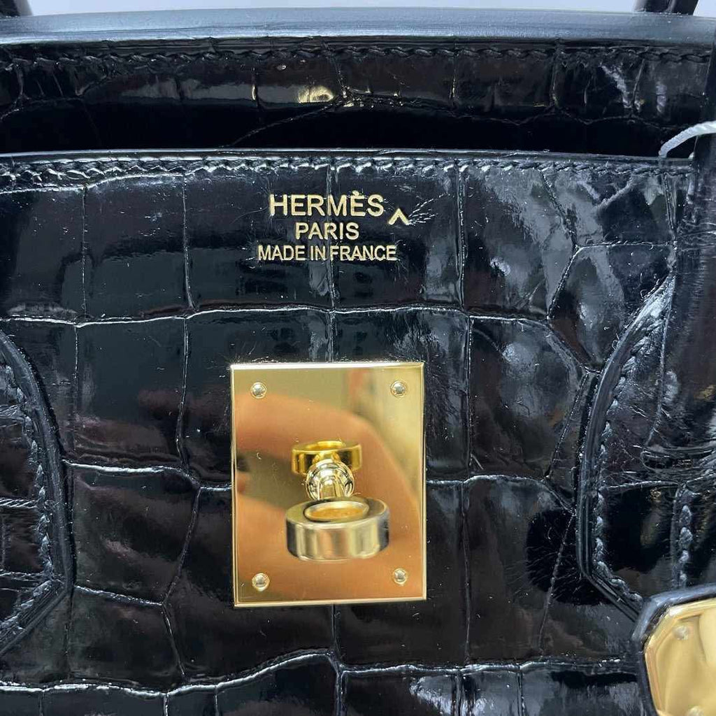 Birkin 35 Black Shiny Porosus Crocodile Gold Hardware