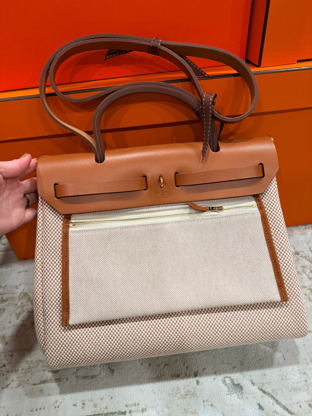 Hermes Herbag 31  Vache Hunter / Toile Écru / Beige / Fauve