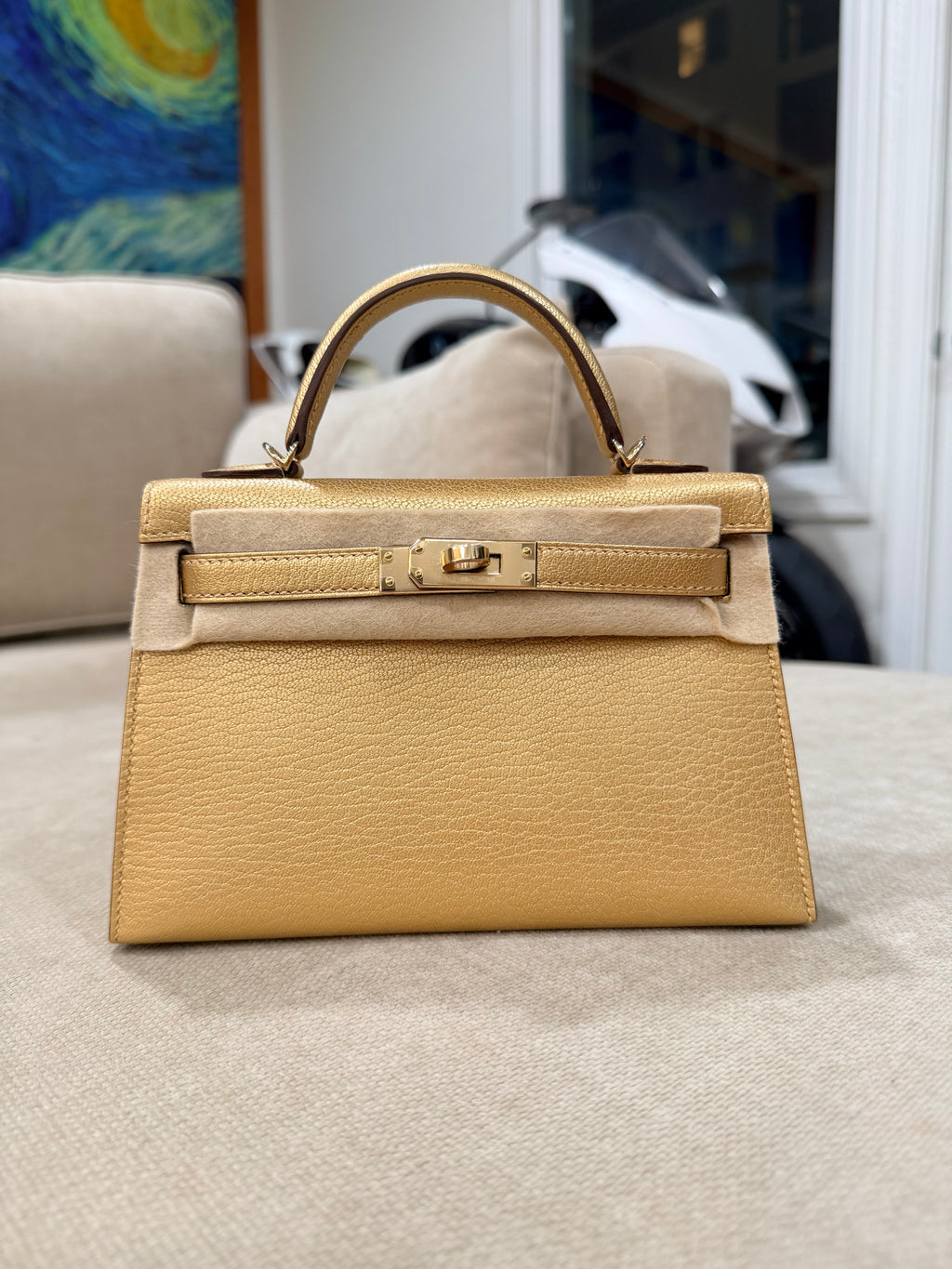 Hermès Dore Chèvre Chamkilight Metallic Mini Kelly II with Permabrass Hardware