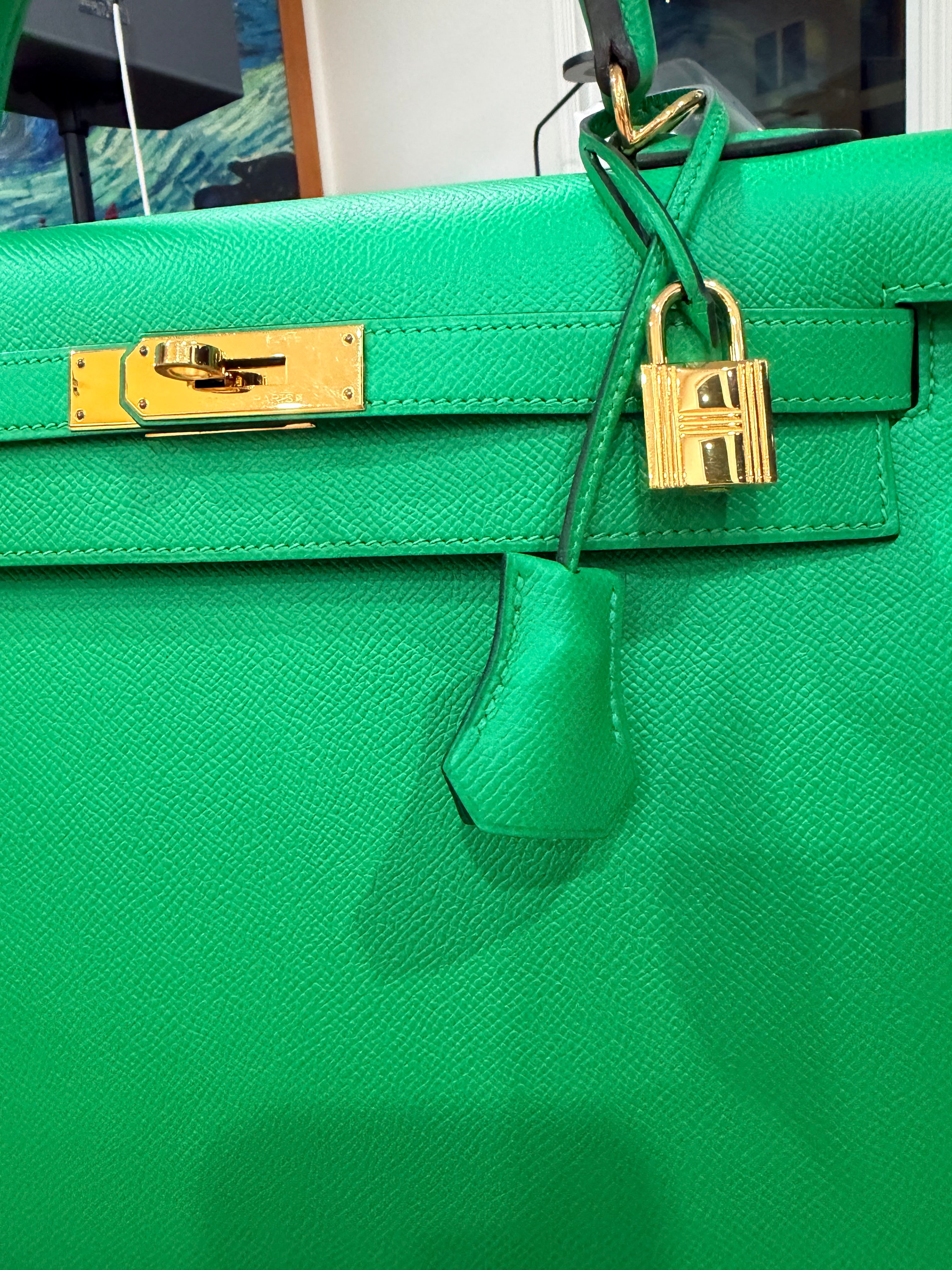 Kelly Sellier 32 Green Bambou Epsom Gold Hardware
