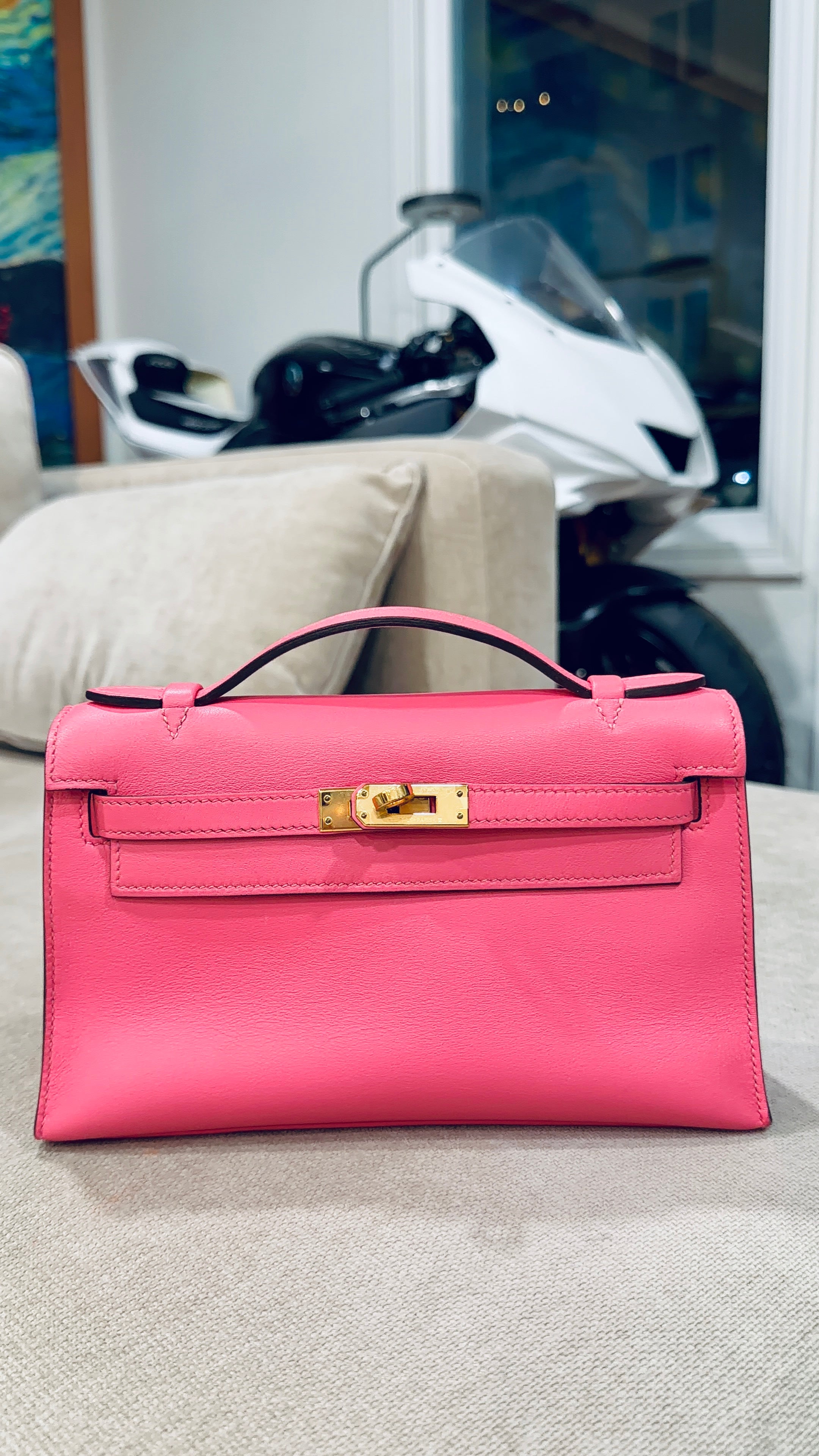 Kelly Pochette Rose Azalea Swift Leather Gold Hardware