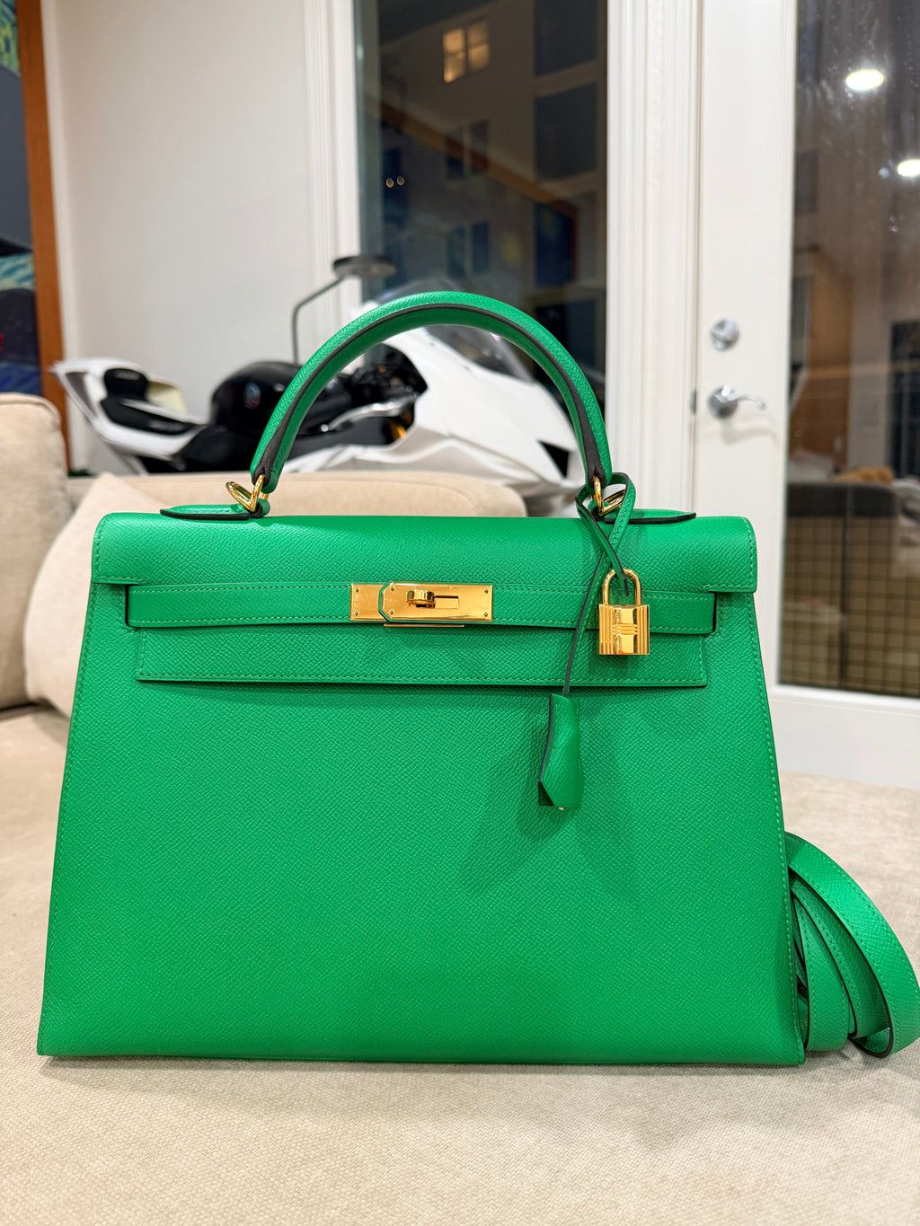 Kelly Sellier 32 Green Bambou Epsom Gold Hardware
