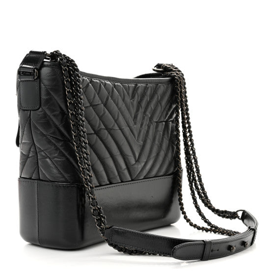 Chanel Aged Calfskin Chevron Quilted Medium Gabrielle Hobo So Black