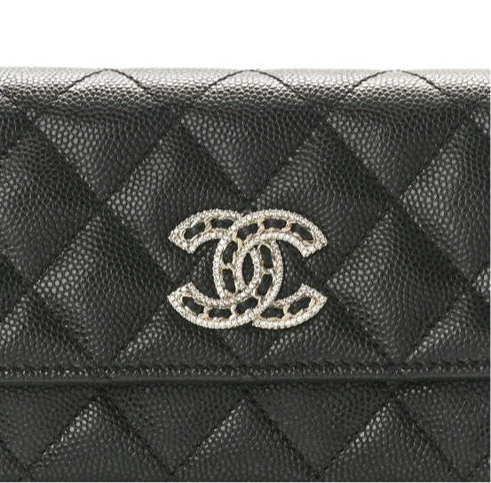 Chanel Caviar Quilted Crystal CC Large Gusset Flap Wallet Black