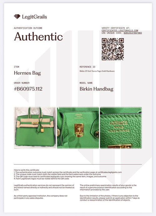 Birkin 25 Vert Yucca Togo Gold Hardware