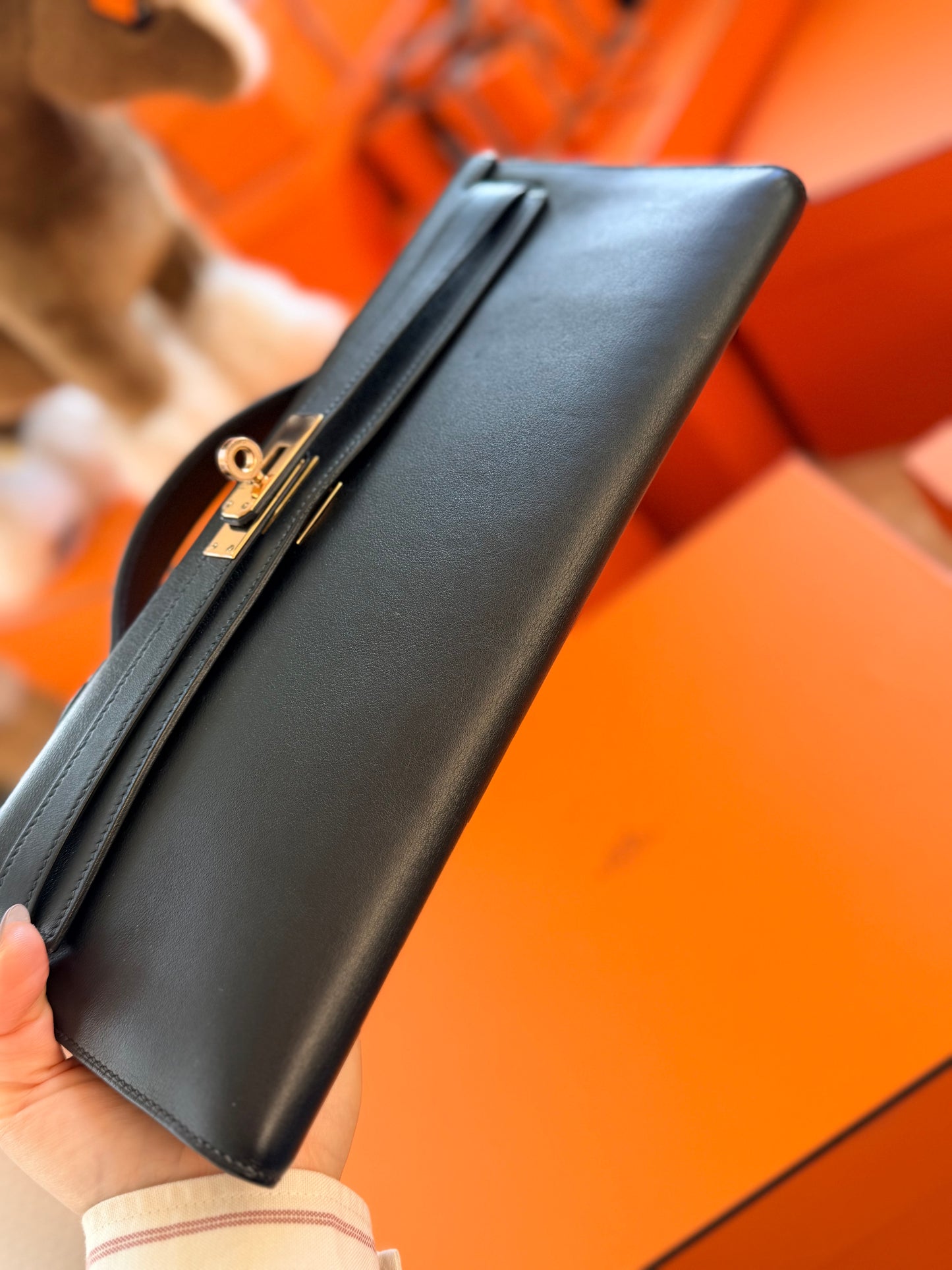 Hermes Black Swift Kelly Cut Clutch Bag With Gold Hardware GHW