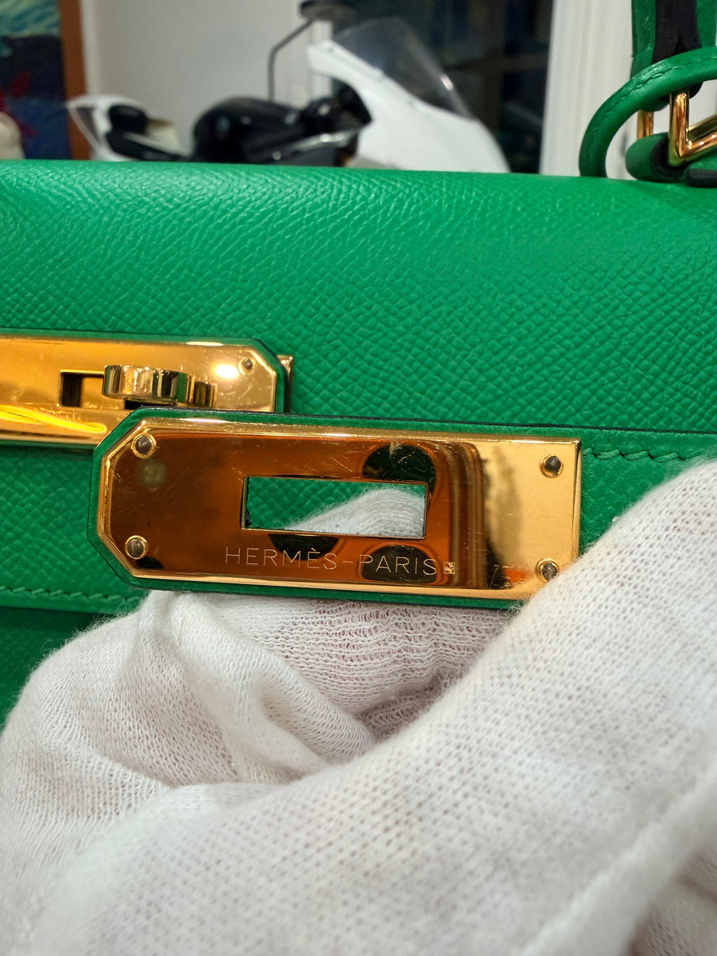 Kelly Sellier 32 Green Bambou Epsom Gold Hardware
