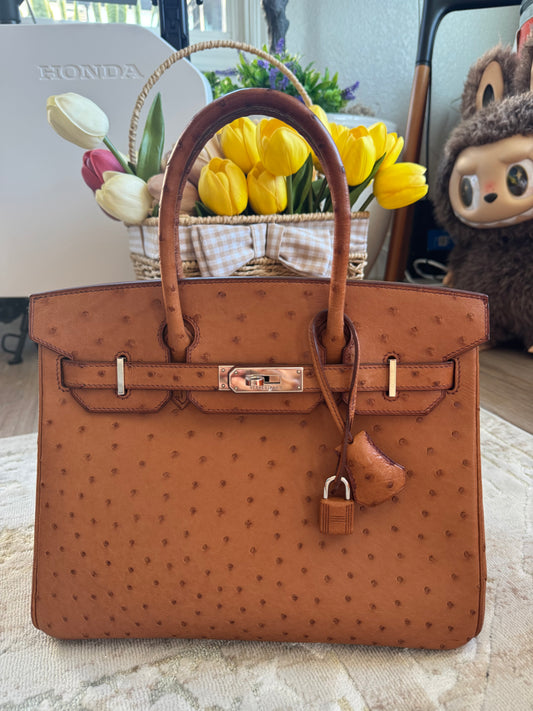 HERMES BIRKIN 30 OSTRICH COGNAC PALLADIUM HARDWARE