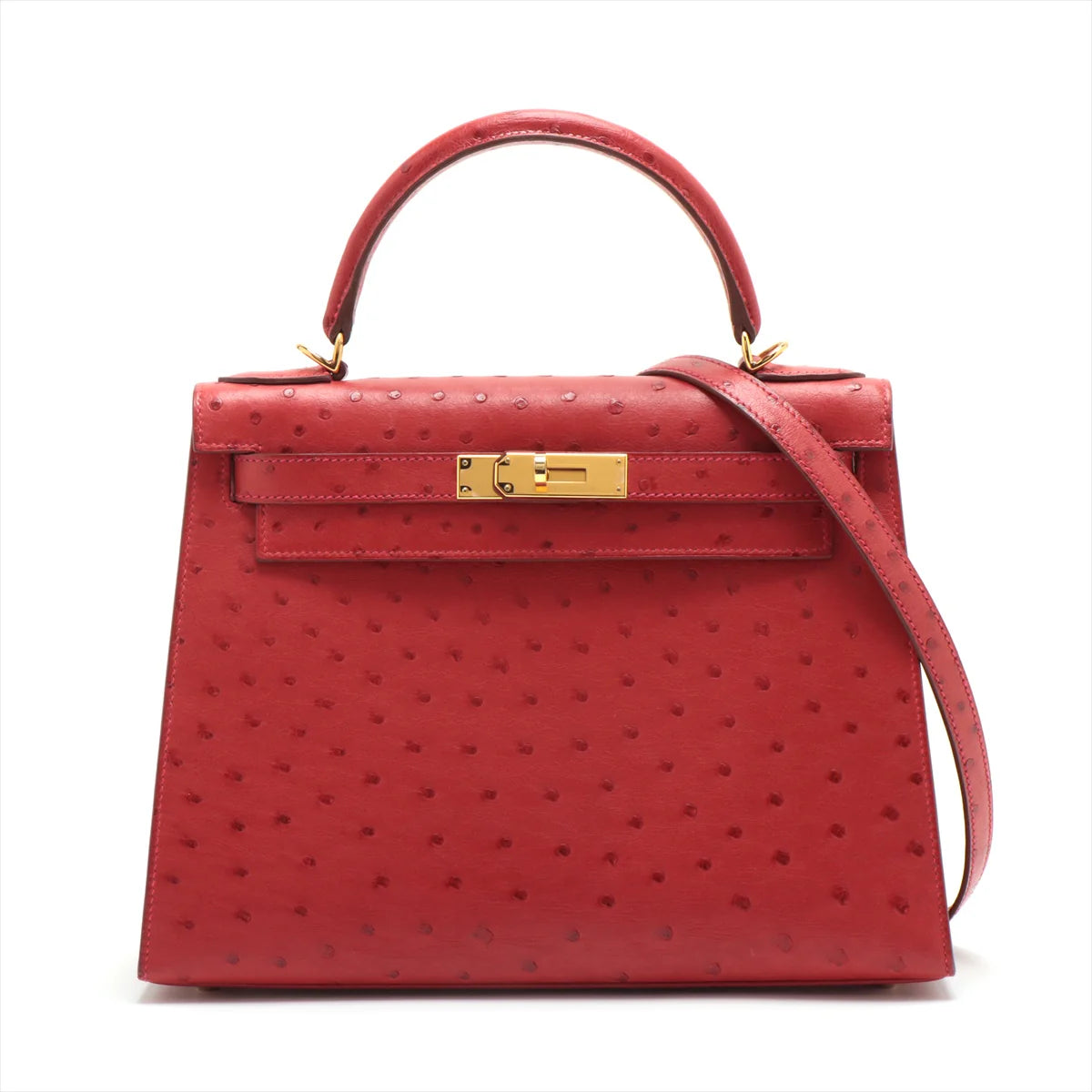 KELLY Sellier 28 Ostrich Rouge Vif Gold Hardware