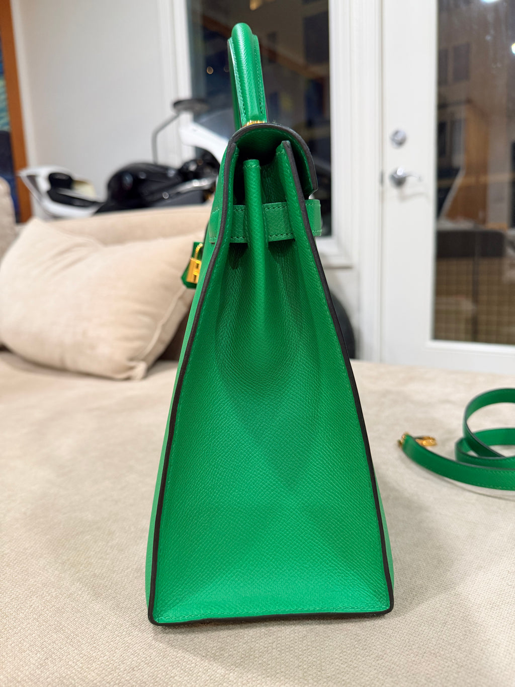 Kelly Sellier 32 Green Bambou Epsom Gold Hardware