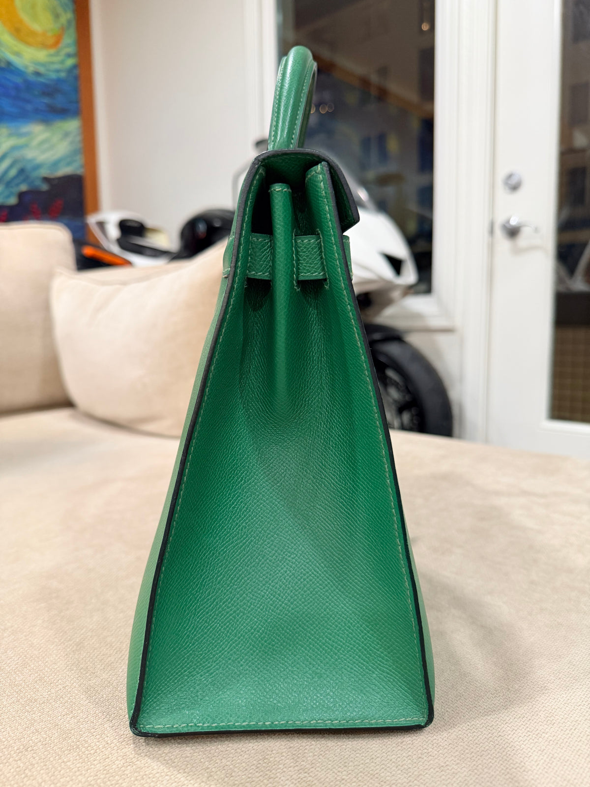 Kelly Sellier 32 Green Bambou Epsom Gold Hardware