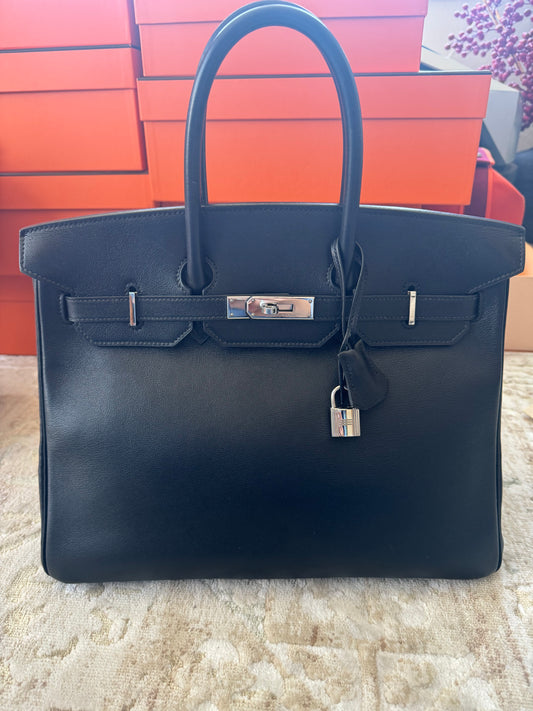 Hermes - Birkin 35 Black Evercalf Palladium Hardware