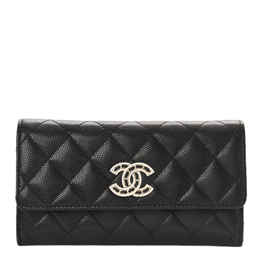 Chanel Caviar Quilted Crystal CC Large Gusset Flap Wallet Black