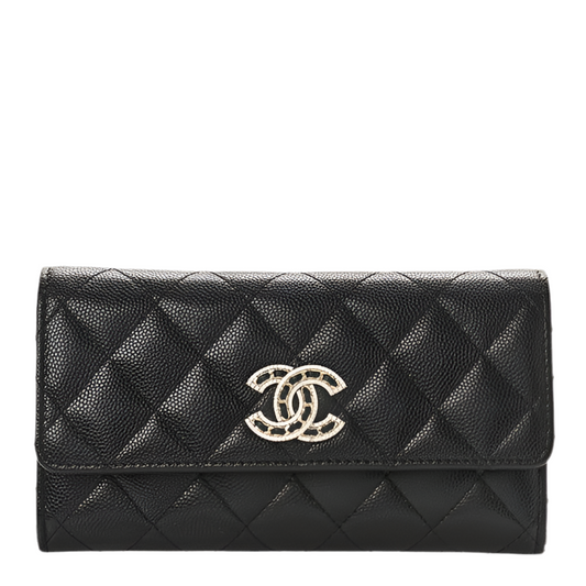 CHANEL - Caviar Quilted Crystal CC Large Gusset Flap Wallet Black