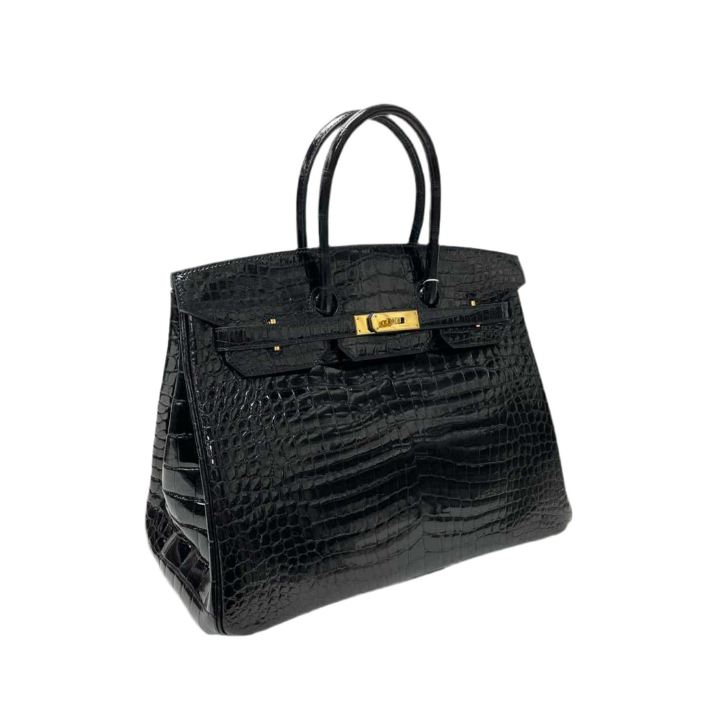 Birkin 35 Black Shiny Porosus Crocodile Gold Hardware