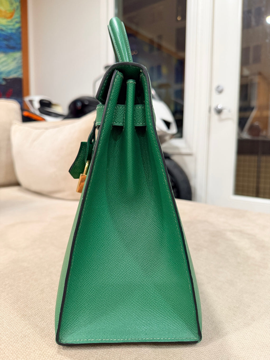 Kelly Sellier 32 Green Bambou Epsom Gold Hardware