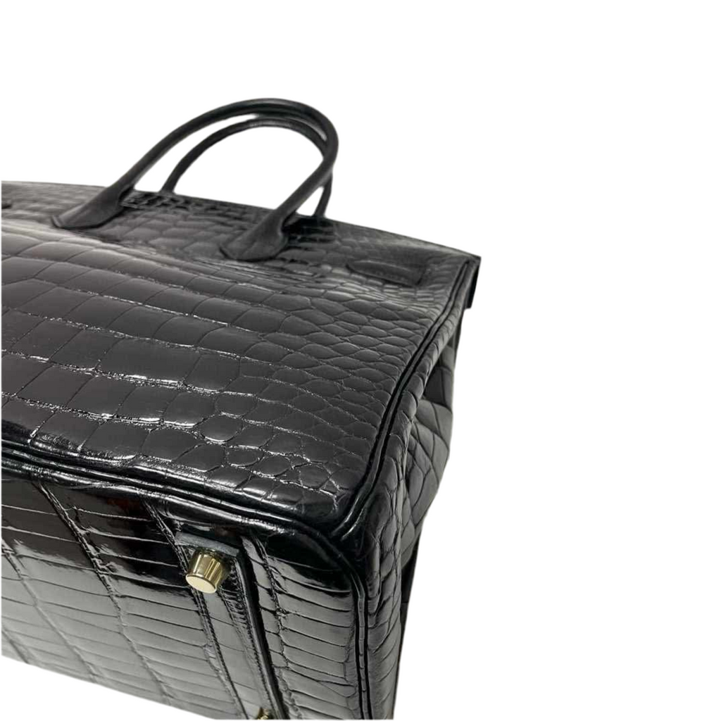 Birkin 35 Black Shiny Porosus Crocodile Gold Hardware