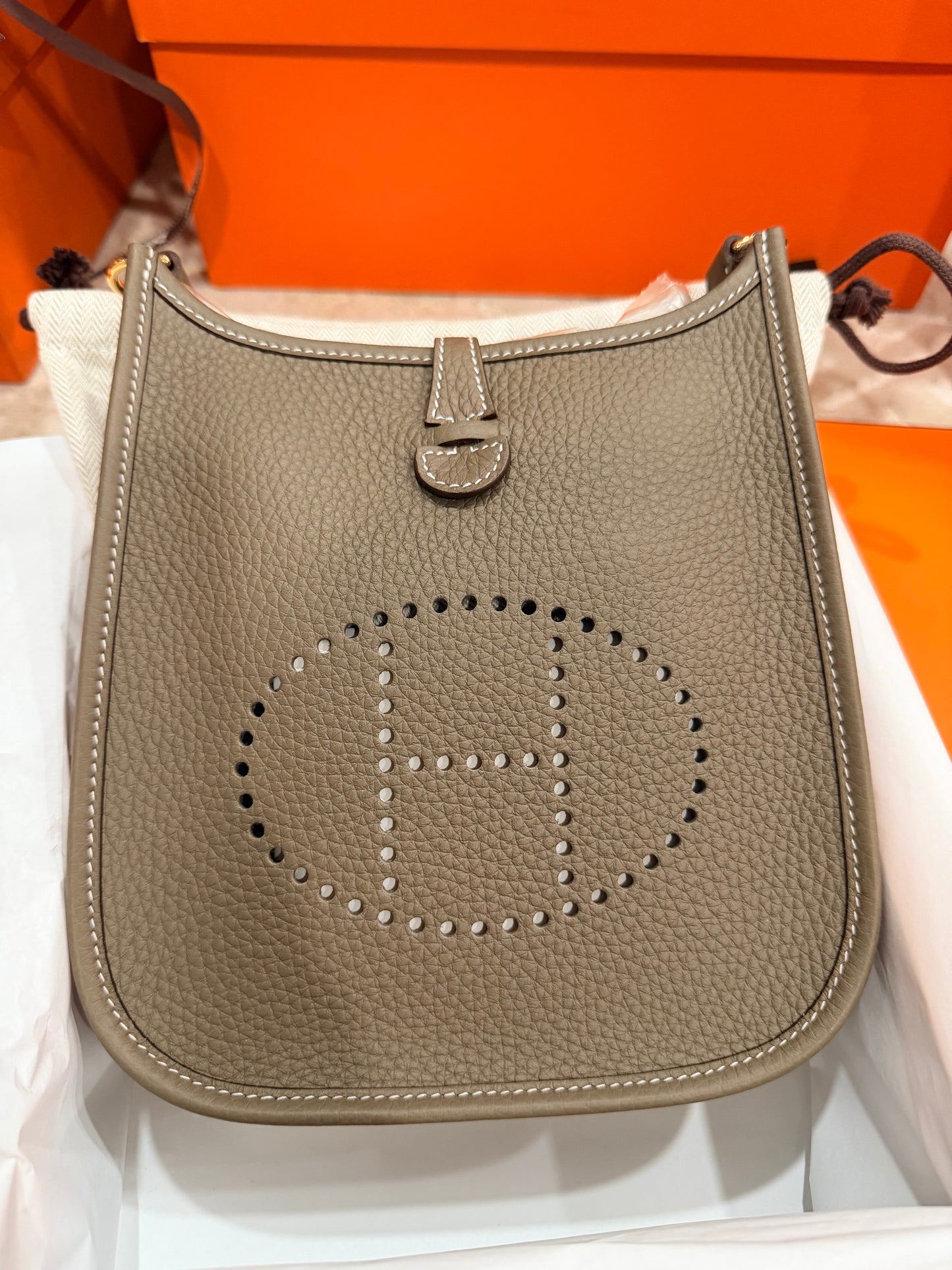 Hermes Mini Evelyne TPM 16 Etoupe Clemence Gold hardware Handbag