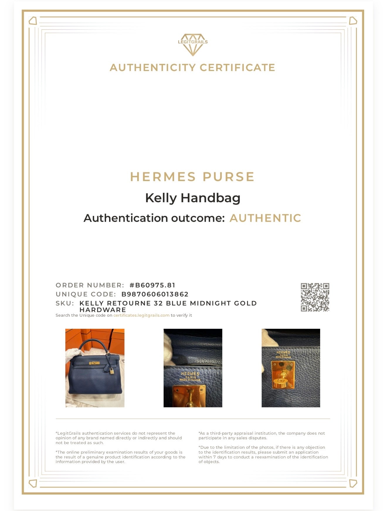 Hermes Kelly Retourne 32 Blue Midnight ( Deep Blue ) Togo With Gold Hardware