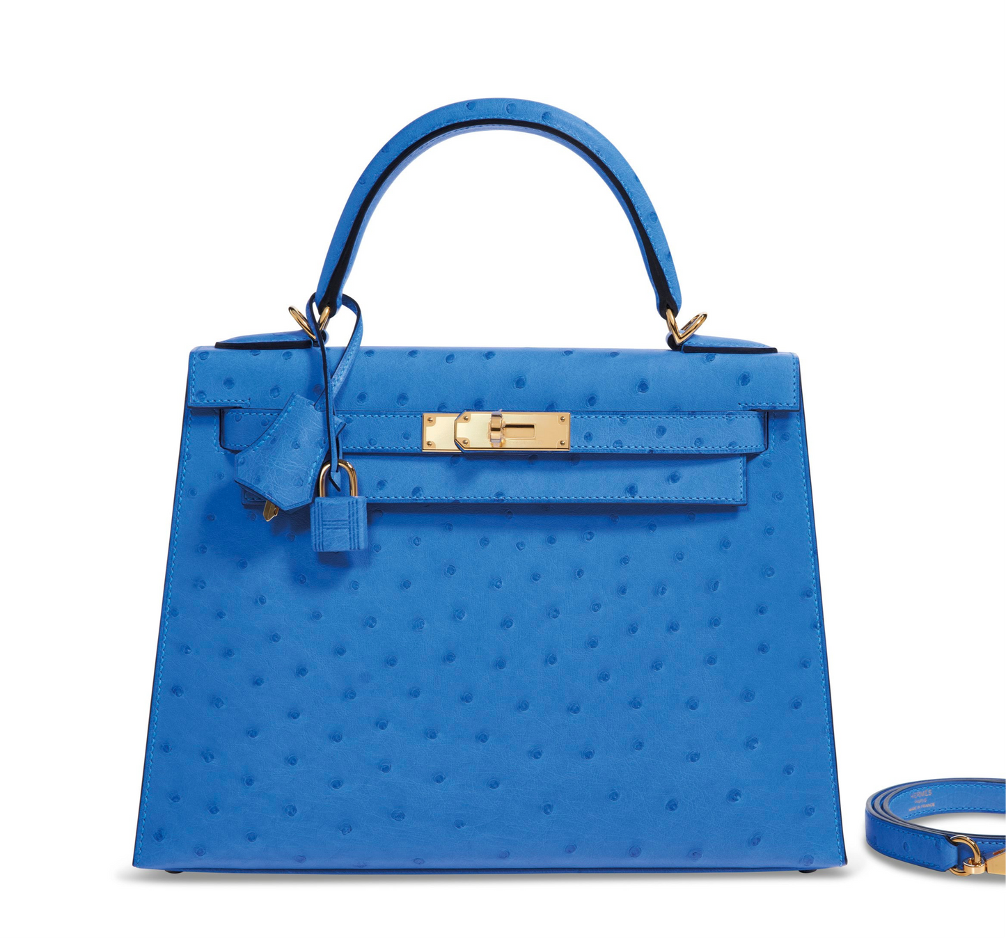 HERMES - KELLY SELLIER 28 OSTRICH BLEUET GOLD HARDWARE