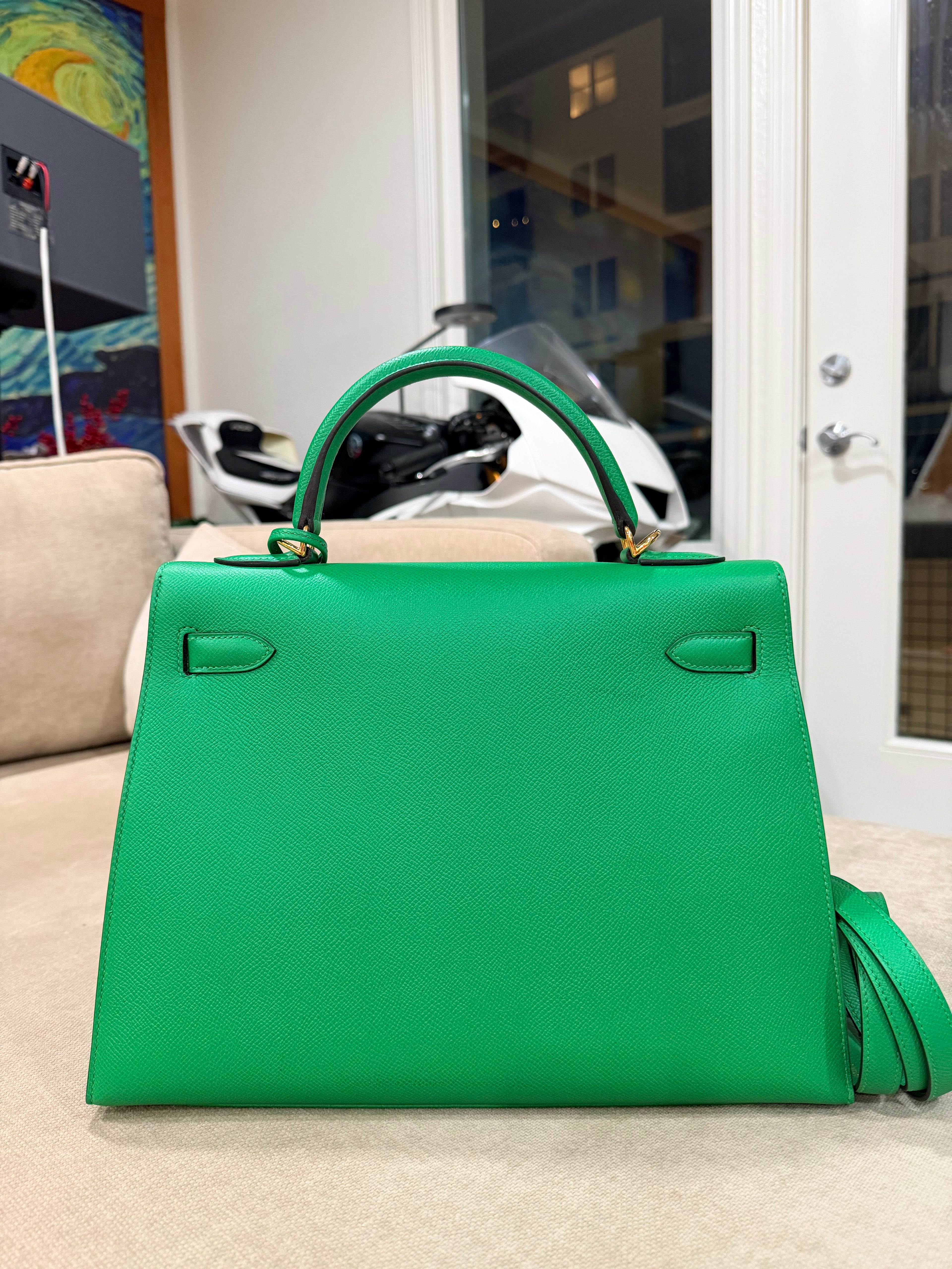 Kelly Sellier 32 Green Bambou Epsom Gold Hardware