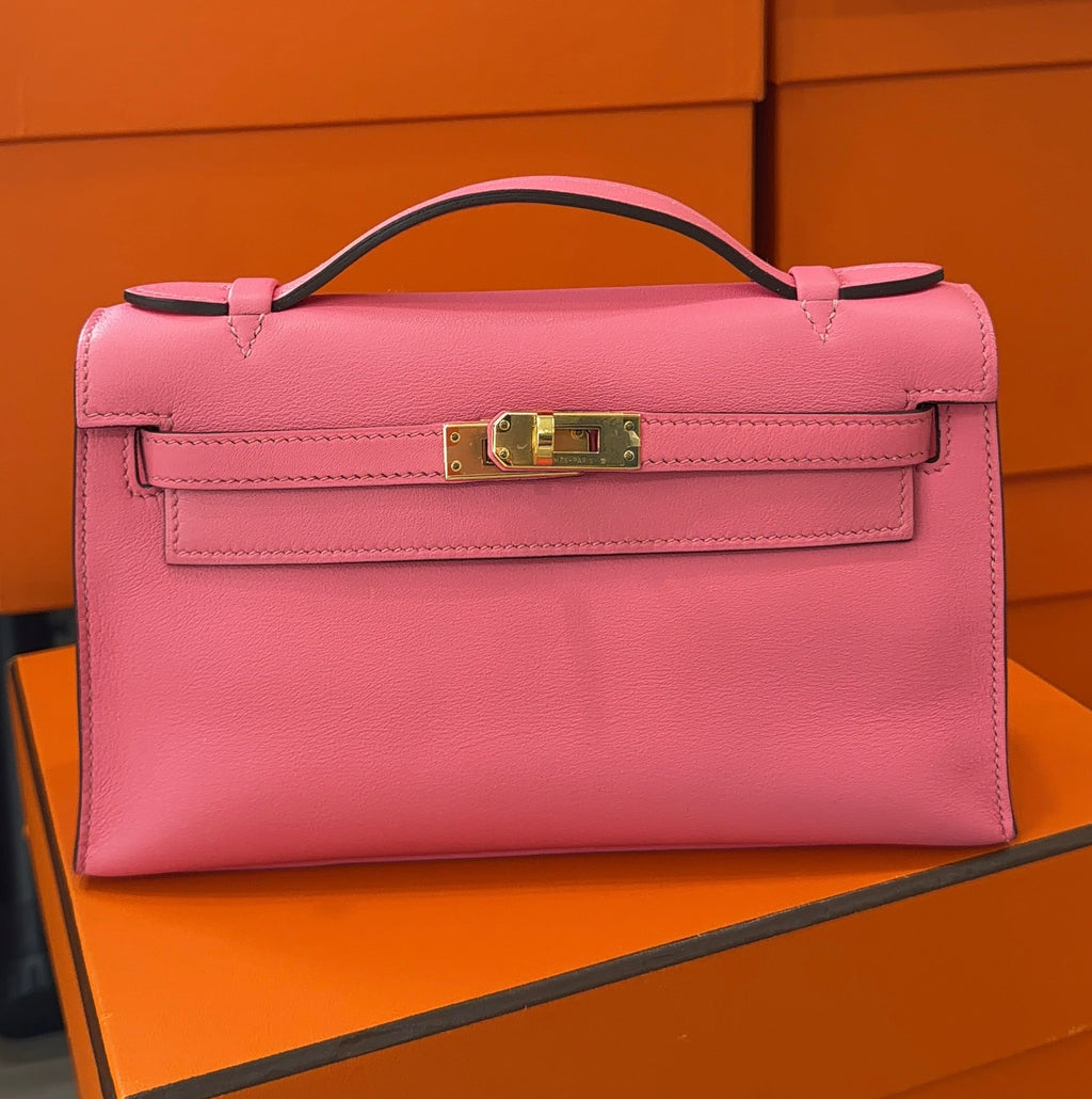 Kelly Pochette Rose Azalea Swift Leather Gold Hardware