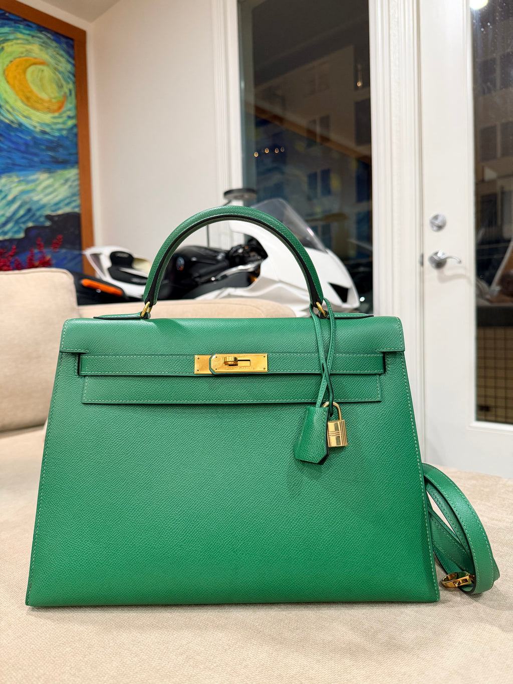 Kelly Sellier 32 Green Bambou Epsom Gold Hardware