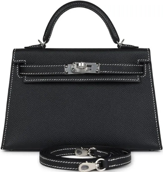 HERMÈS - KELLY HSS MINI 20 SELLIER BLACK EPSOM WHITE STITCHING PALLADIUM HARDWARE