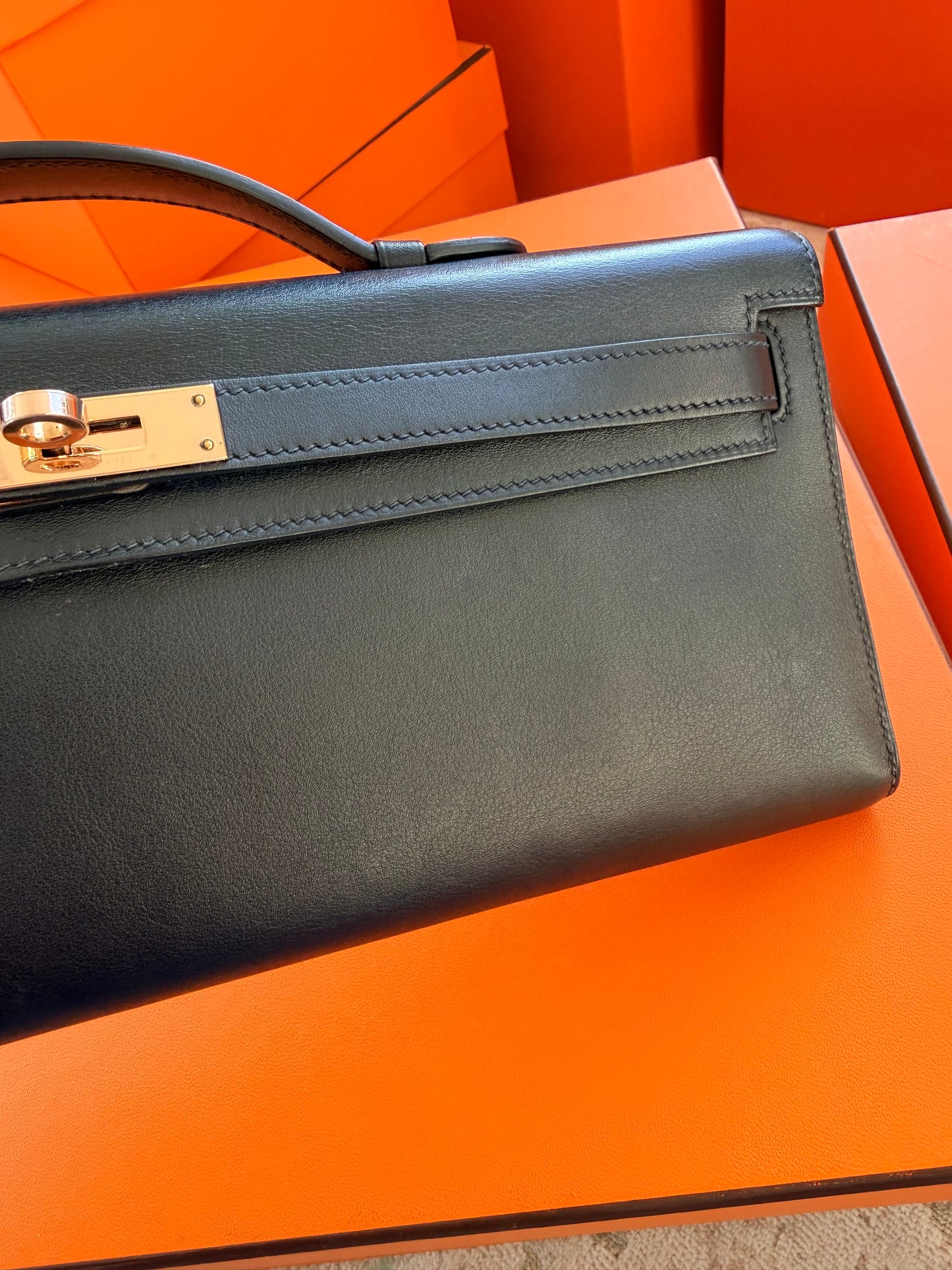 Hermes Black Swift Kelly Cut Clutch Bag With Gold Hardware GHW