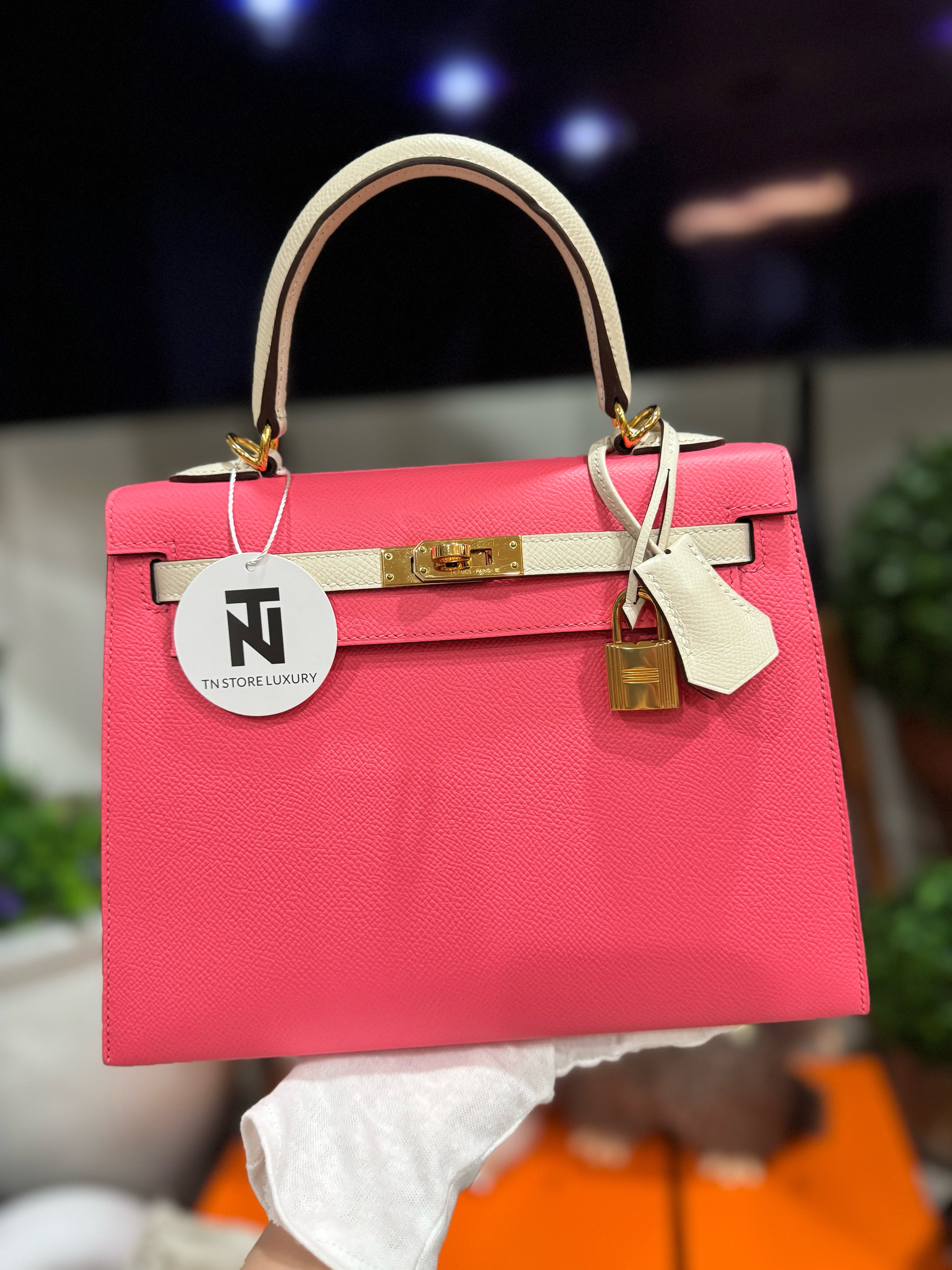 Hermes HSS Kelly Sellier 25 Azalea & Craie Epsom With Gold Hardware