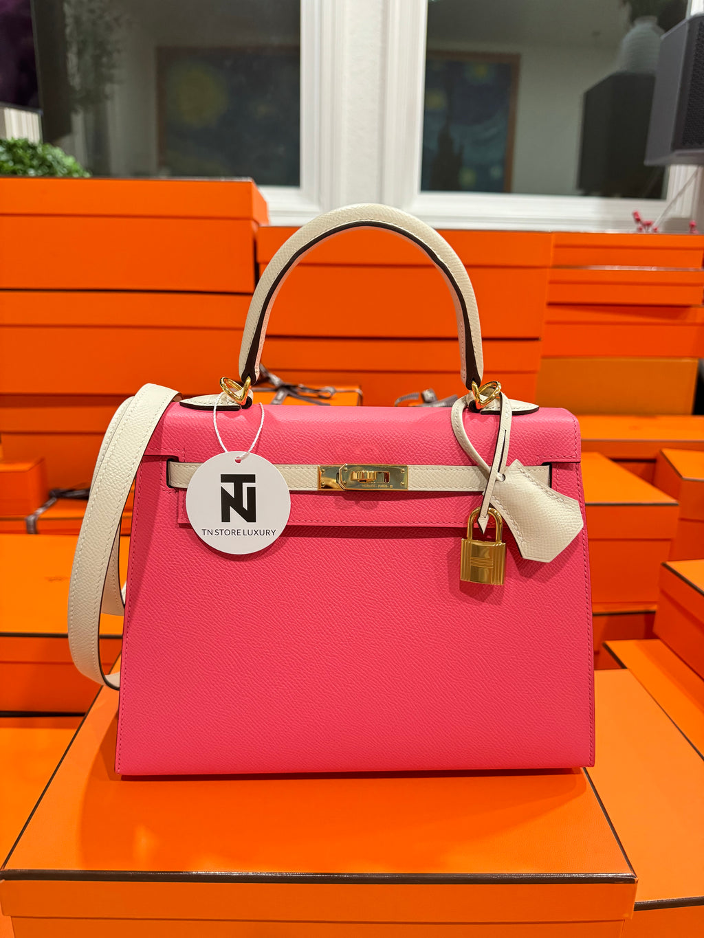 Hermes HSS Kelly Sellier 25 Azalea & Craie Epsom With Gold Hardware