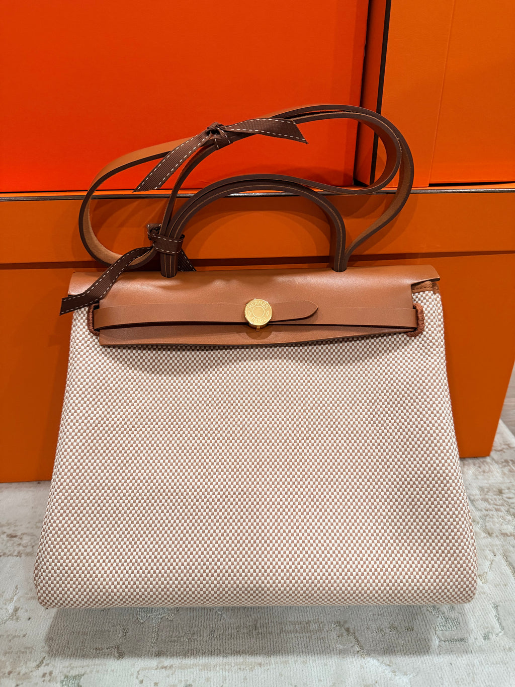 Hermes Herbag 31  Vache Hunter / Toile Écru / Beige / Fauve