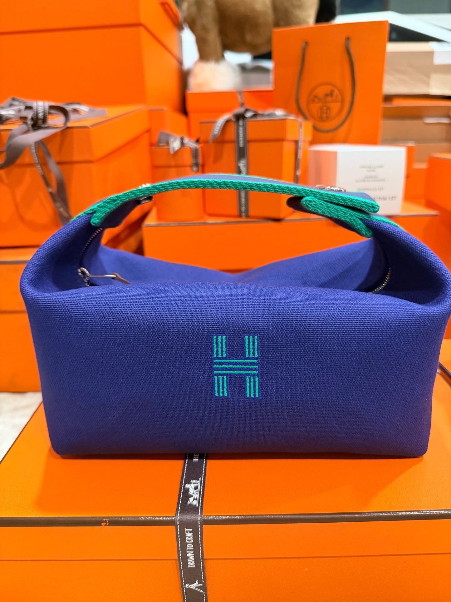 HERMÈS BRIDE DE BRAC TOILETRY BAG PM CANVAS MARINE PALLADIUM HARDWARE