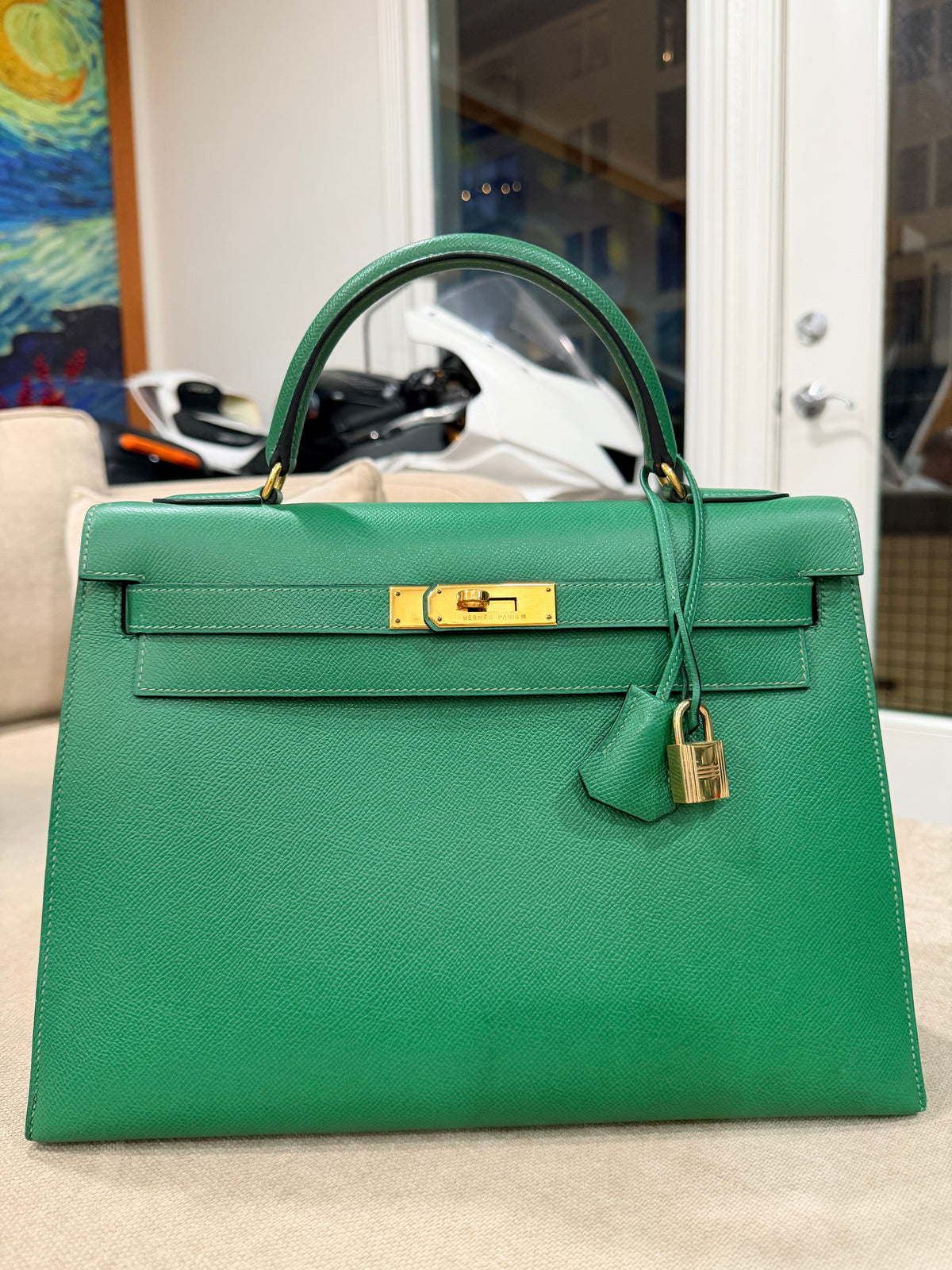 Kelly Sellier 32 Green Bambou Epsom Gold Hardware