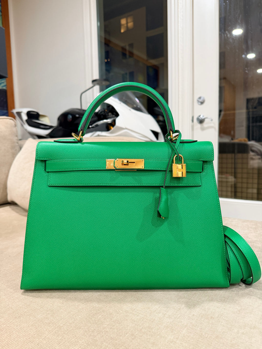 Kelly Sellier 32 Green Bambou Epsom Gold Hardware