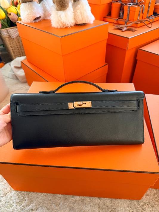Hermes Black Swift Kelly Cut Clutch Bag With Gold Hardware GHW
