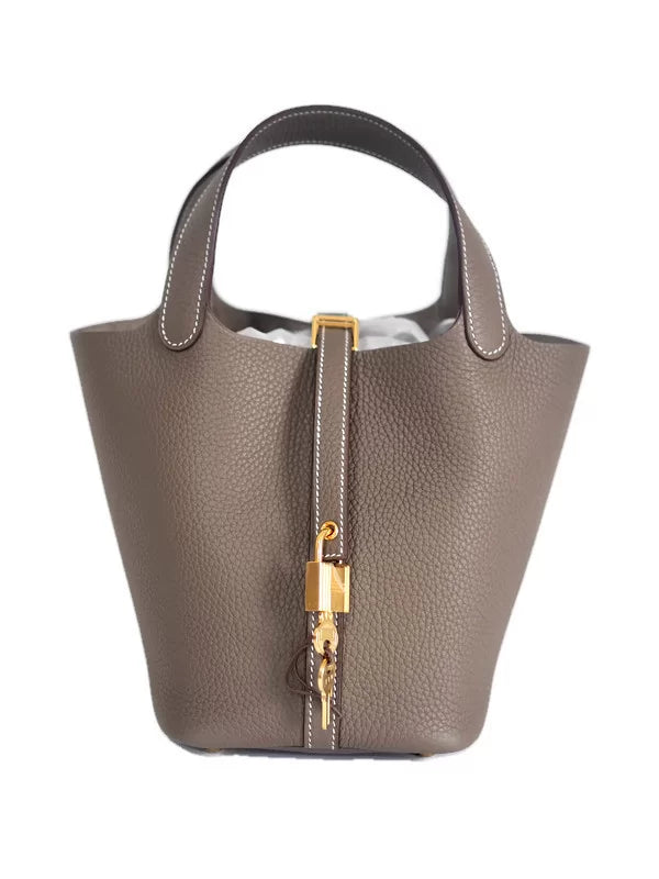 Taurillon Clemence Picotin Lock 18 Etoupe Gold Hardware