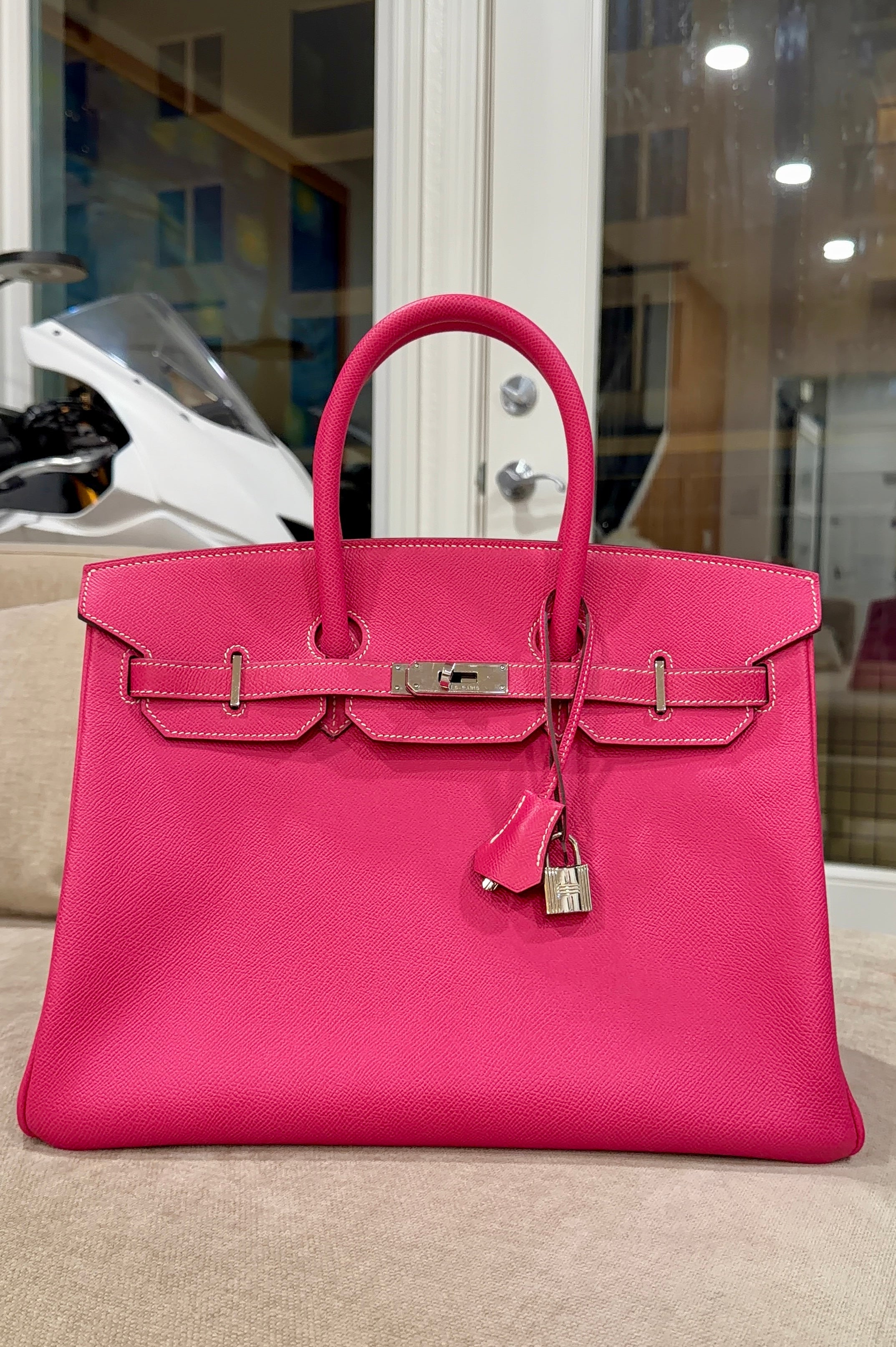 Birkin 35 Rose Tyrien Epsom Palladium Hardware