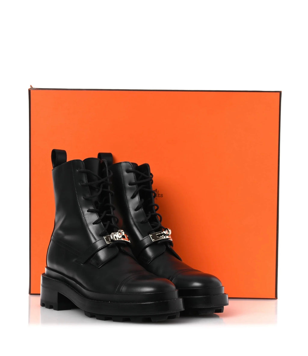 Hermes Glossed Calfskin Funk Ankle Boots 36 Black Shw