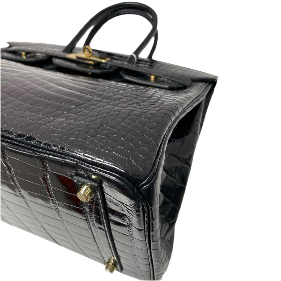 Birkin 35 Black Shiny Porosus Crocodile Gold Hardware
