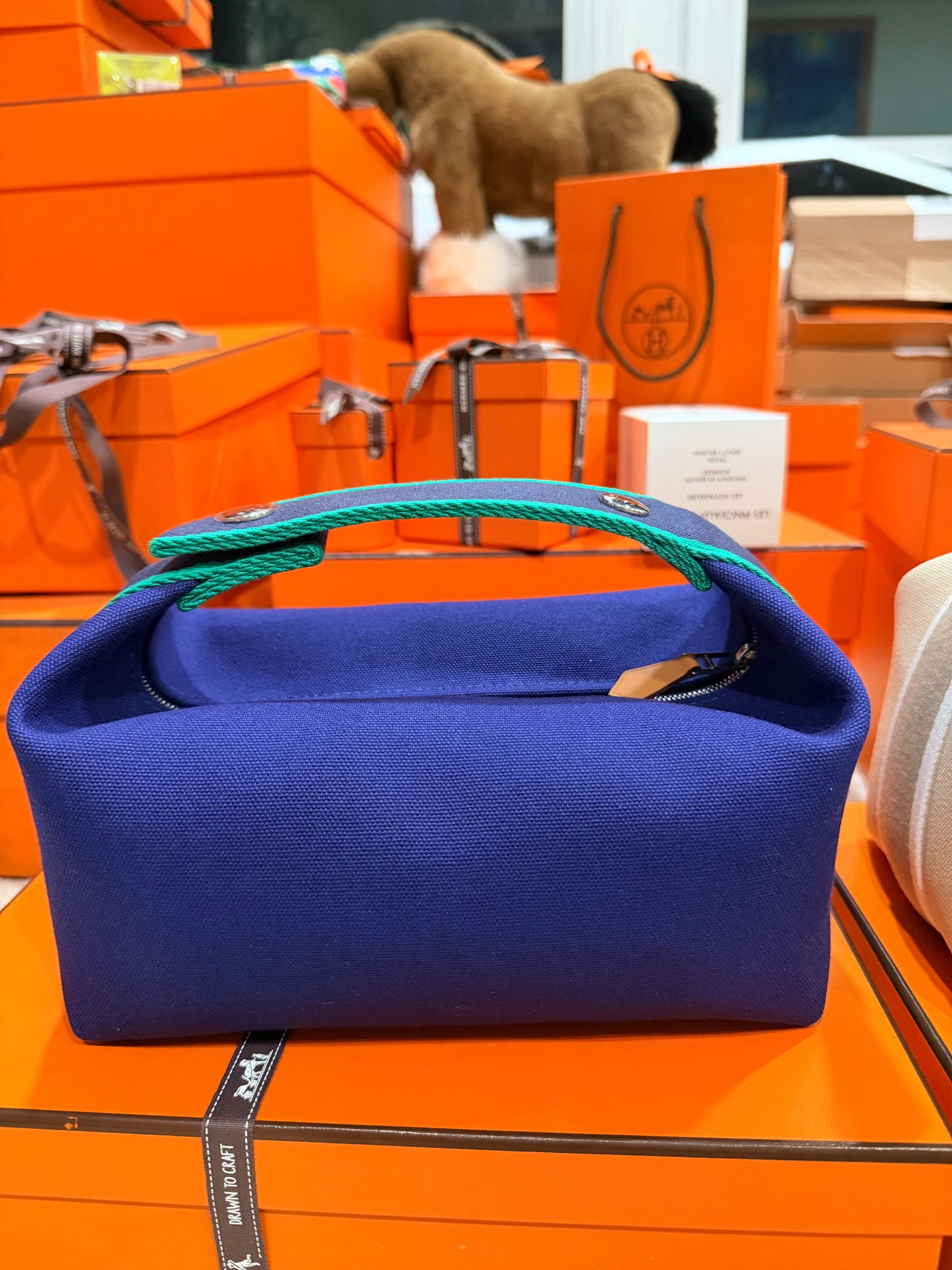 HERMÈS BRIDE DE BRAC TOILETRY BAG PM CANVAS MARINE PALLADIUM HARDWARE