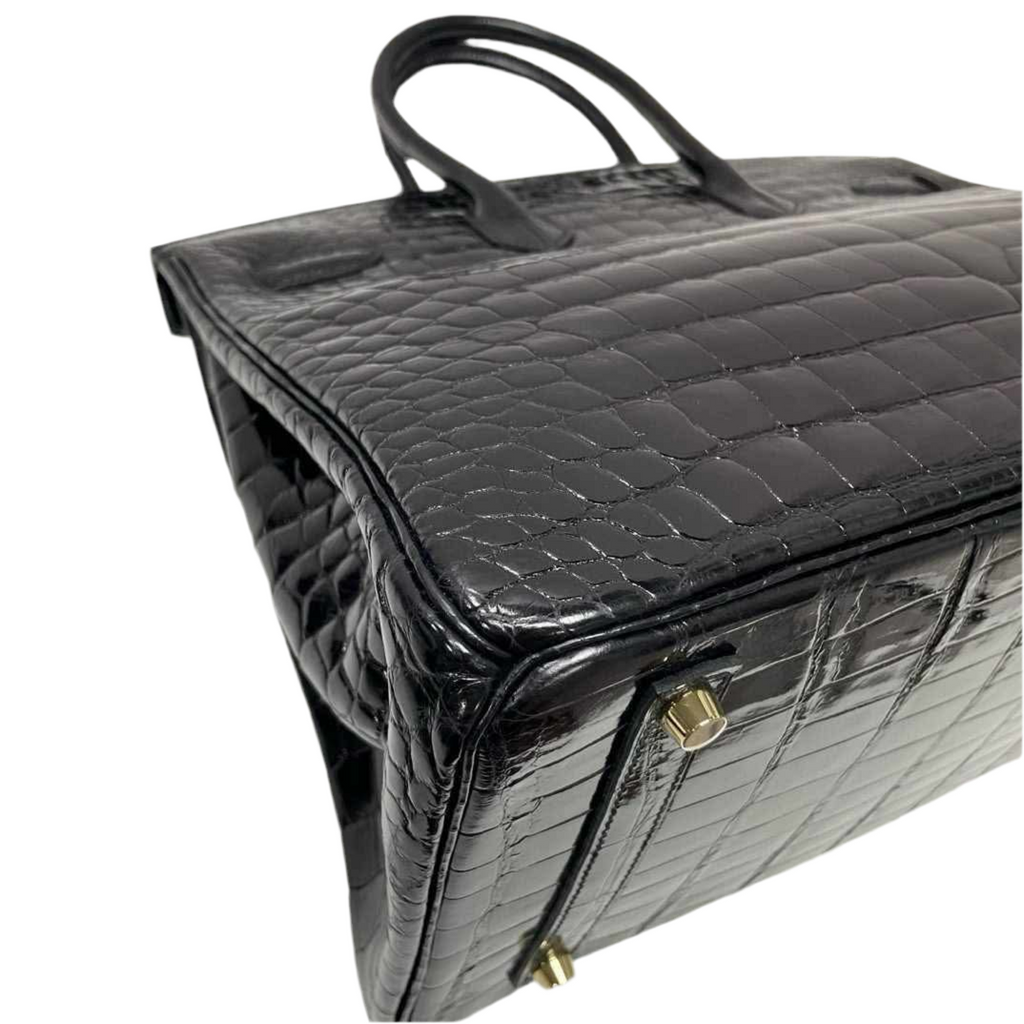 Birkin 35 Black Shiny Porosus Crocodile Gold Hardware