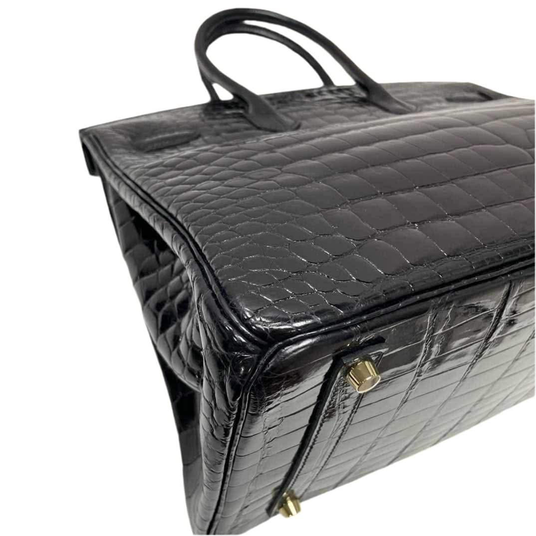 Birkin 35 Black Shiny Porosus Crocodile Gold Hardware