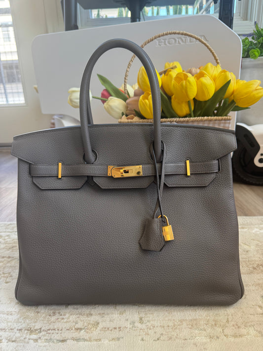 HERMES BIRKIN 35 GRIS ETAIN TOGO GOLD HARDWARE