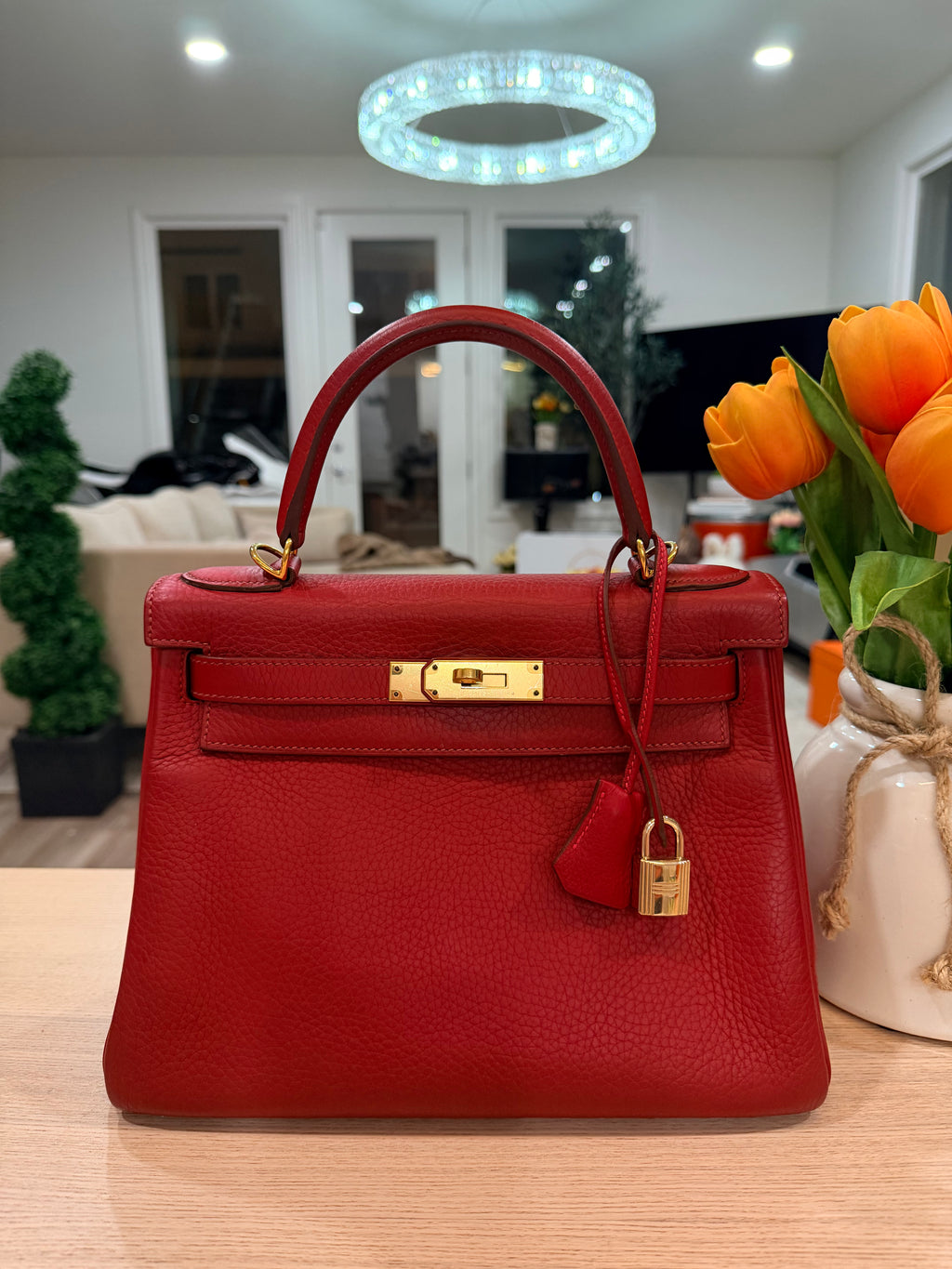 Hermes Kelly Retourne 28 Rouge Vif Togo With Gold Hardware