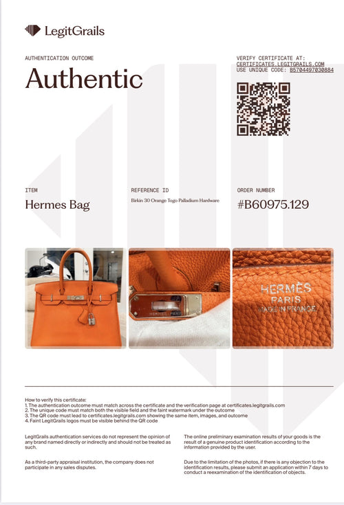 Birkin 30 Orange Togo Palladium Hardware
