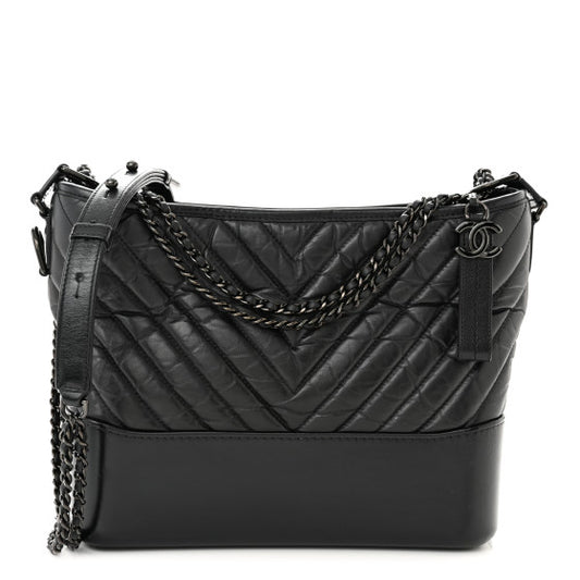 CHANEL - Aged Calfskin Chevron Quilted Medium Gabrielle Hobo So Black